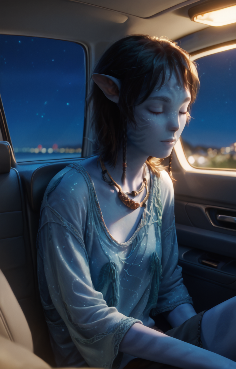 score_9, score_8_up, score_7_up, K1r1 sleeping in the back seat of a car, cute, an exhausted girl sleeping, night ride, lying sideways, leaning against window, head resting on her shoulder, sitting in car seat, soft body, blue skin, skin pattern, freckles, night time, detailed textures, bokeh, necklace, night lighting, loose clothes, detailed, <lora:K1r1_epoch_16:1>