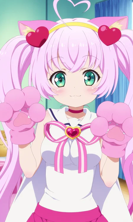 masterpiece, best qualify, beautiful eyes, zzRosia, 1girl, solo, animal ears, heart ahoge, cat ears, long hair, twintails, ahoge, heart, green eyes, pink hair, gloves, looking at viewer, breasts, skirt, blush, indoors, shirt, animal hands, smile, pink skirt, bangs, hair ornament, medium breasts, white shirt, yellow hairband, hairband, :3, sleeveless, cat girl, sleeveless shirt, very long hair, cat tail, tail, paw gloves, hands up, closed mouth, curtains, choker