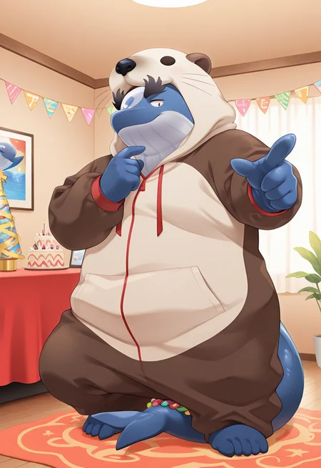 (masterpiece, best quality, newest, absurdres, highres, colorful, amazing_quality, high quality, detailed background), <lora:kii-14:1> t-kii, whale boy, 1boy, sea_otter_kigurumi, knee_up, indoors, full body, pointing, daincing, party, otter tail, otter custome, tail between legs,