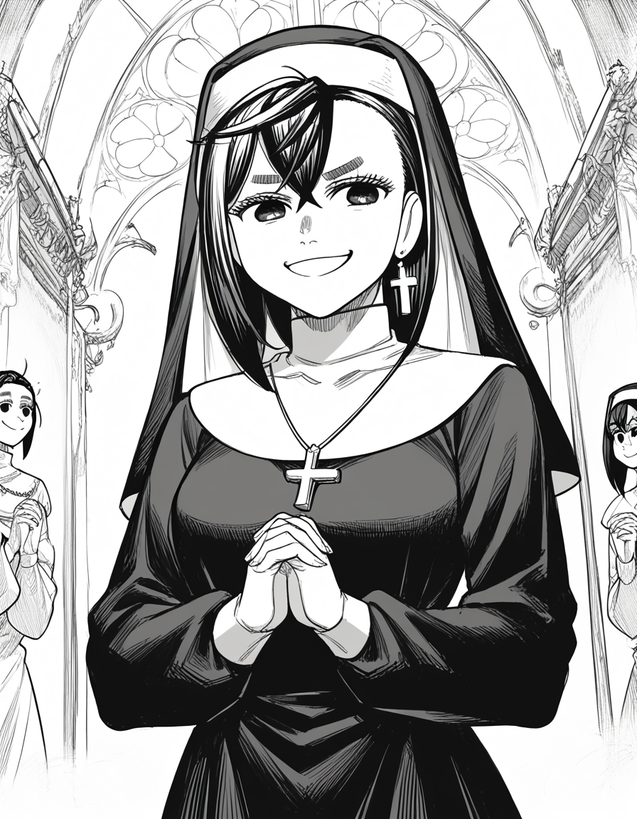 score_9, score_8_up, score_7_up, source_anime, <lora:momo-ayase-manga-ponyxl-lora-nochekaiser:1>, momo ayase, short hair, bangs, thick eyebrows, monochrome, greyscale, medium breasts,, <lora:traditional-nun-ponyxl-lora-nochekaiser:1>, traditional nun, nun, habit, long sleeves, dress, black dress, jewelry, black veil, cross, cross necklace,, church, smug, praying,, , dutch angle, cowboy shot