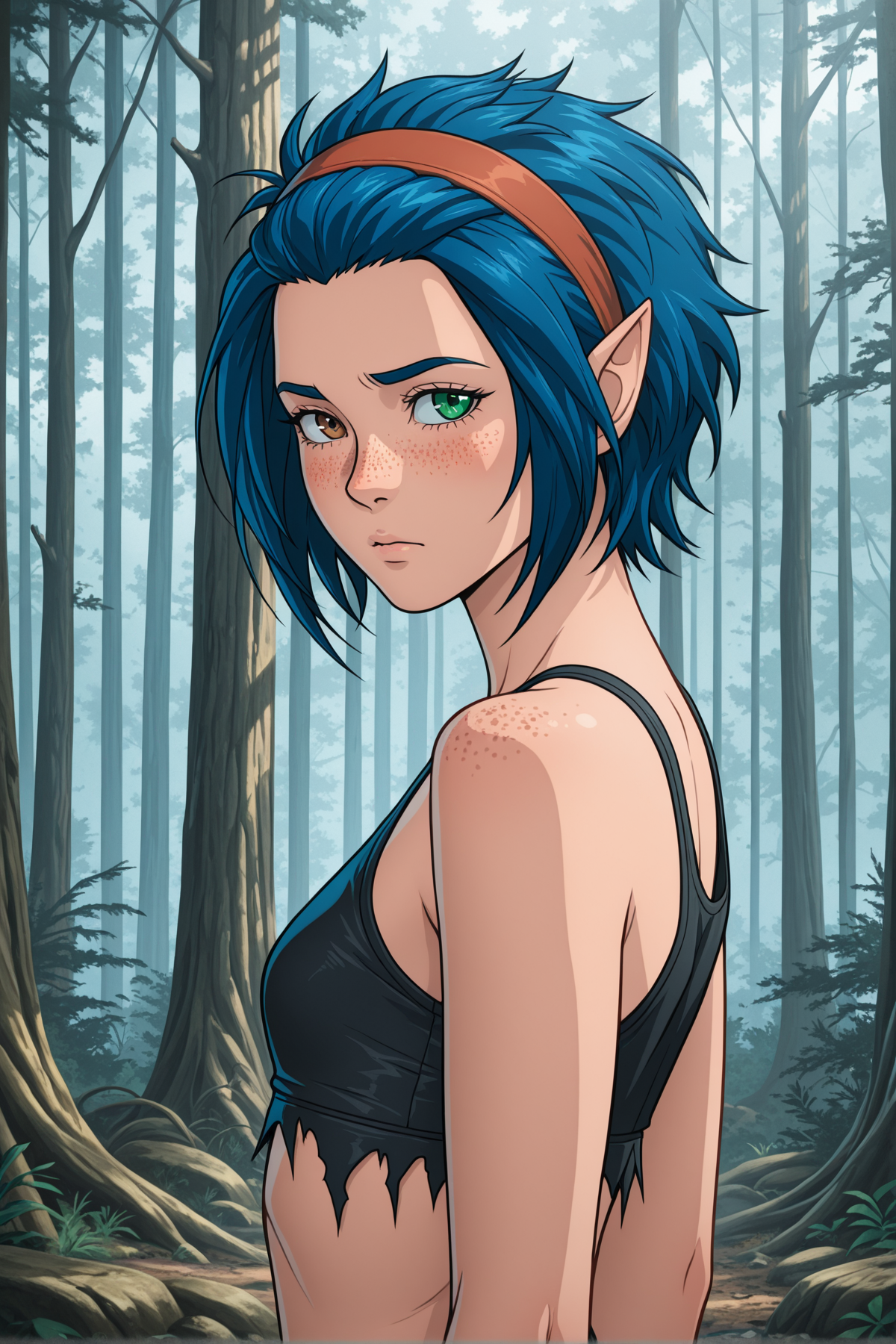 anime style, anime coloring, anime screencap, sci-fi style <lora:Aponi:1> 1girl, aponi, blue hair, , short hair, pointy ears, heterochromia, green eyes, brown eyes, freckles, hairband, small breasts,
forest, trees, sunny, light depth, dramatic atmospheric lighting, Volumetric Lighting, side view, masterpiece,best quality,amazing quality,newest, absurdres, highres, detailed eyes, beautiful, perfect eyes, finely detailed face, very aesthetic,, futuristic, technological, SF, (embarassed), blush,, choker, red tshirt, oversized cropped shirt, one shoulder off, midriff, black skirt, belt chain, thigh high socks