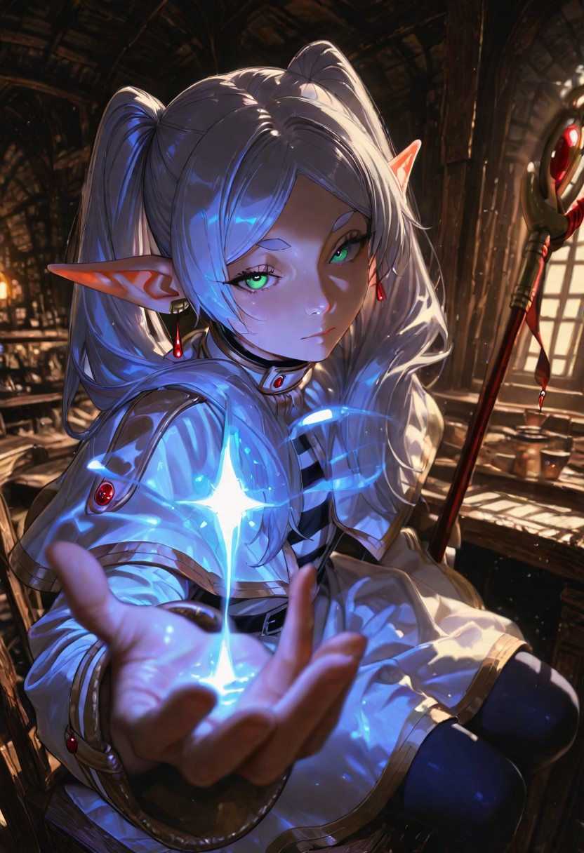 (masterpiece, best quality), amazing quality, very aesthetic, absurdres, highres, newest, HDR, 8K, anime style, chiaroscuro, impasto, intrinsic light, luster, shiny color, strong coloring, masterful shading, masterpiece, best quality, good quality, very aesthetic, absurdres, newest, 8K, depth of field, focused subject, in the style of cknc, artist:moriimee, in the style of cksc, BREAK 1girl, frieren,sousou no frieren,holding a staff, looking at viewer, closed mouth, reaching, outstretched hand, reaching towards viewer,outstretched arm , holding a glowing ord,Casting a frost ice spell, purple and blue spell, siren eyes, Causal mage clothes, floating in air, inside a tavern with golden lighting, sitting on chair,infront of a table, other hand hold a glass