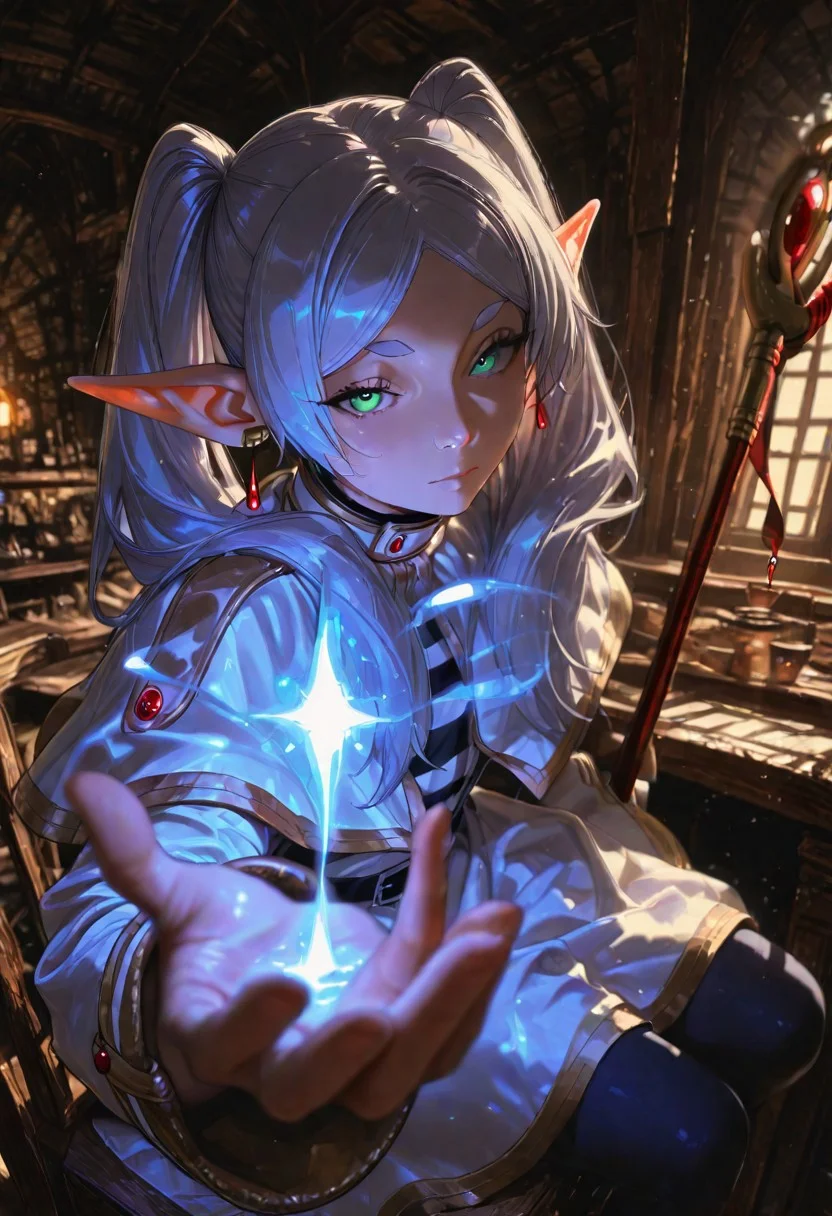 (masterpiece, best quality), amazing quality, very aesthetic, absurdres, highres, newest, HDR, 8K, anime style, chiaroscuro, impasto, intrinsic light, luster, shiny color, strong coloring, masterful shading, masterpiece, best quality, good quality, very aesthetic, absurdres, newest, 8K, depth of field, focused subject, in the style of cknc, artist:moriimee, in the style of cksc, BREAK 1girl, frieren,sousou no frieren,holding a staff, looking at viewer, closed mouth, reaching, outstretched hand, reaching towards viewer,outstretched arm , holding a glowing ord,Casting a frost ice spell, purple and blue spell, siren eyes, Causal mage clothes, floating in air, inside a tavern with golden lighting, sitting on chair,infront of a table, other hand hold a glass