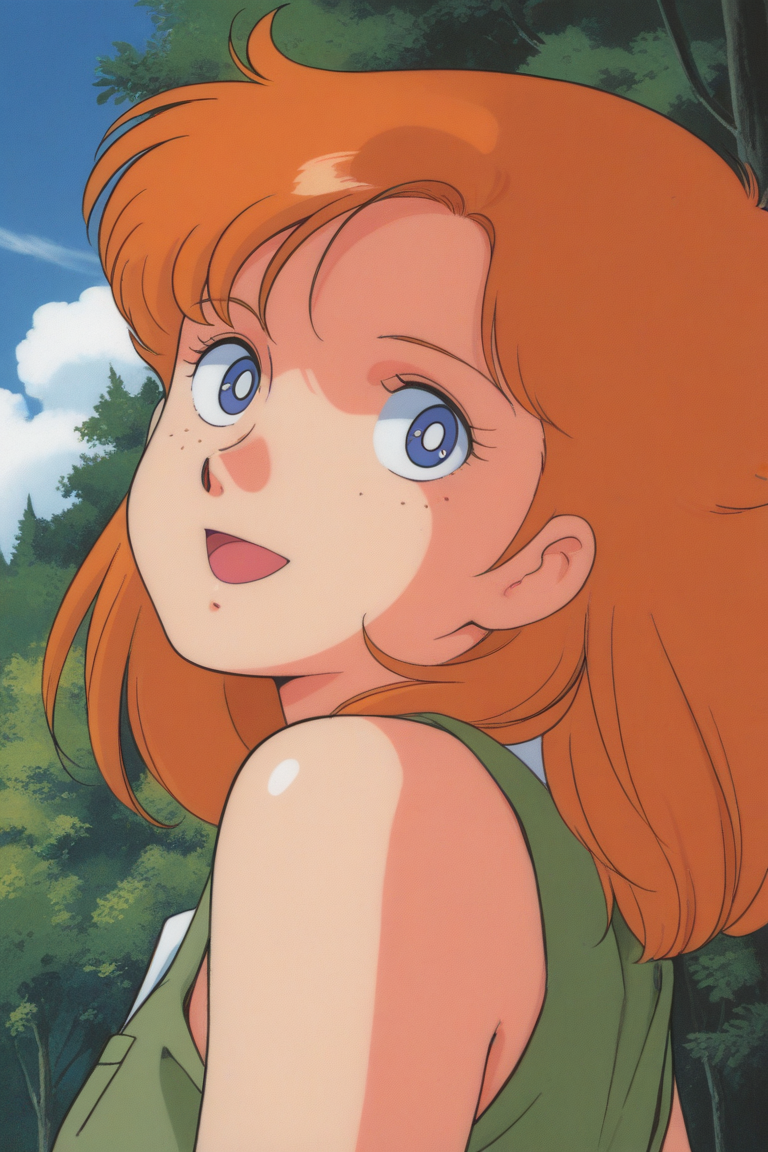 masterpiece, best quality, source_anime,official art,perfect_anatomy,1990s_\(style\),retro_artstyle, 1girl,Doris,blue_eyes,Freckles,orange_hair,long_hair,green_dress,(beautiful detailed face,looking_at_viewer,smile,open mouth),upper body,day,forest,blue_sky,cloud