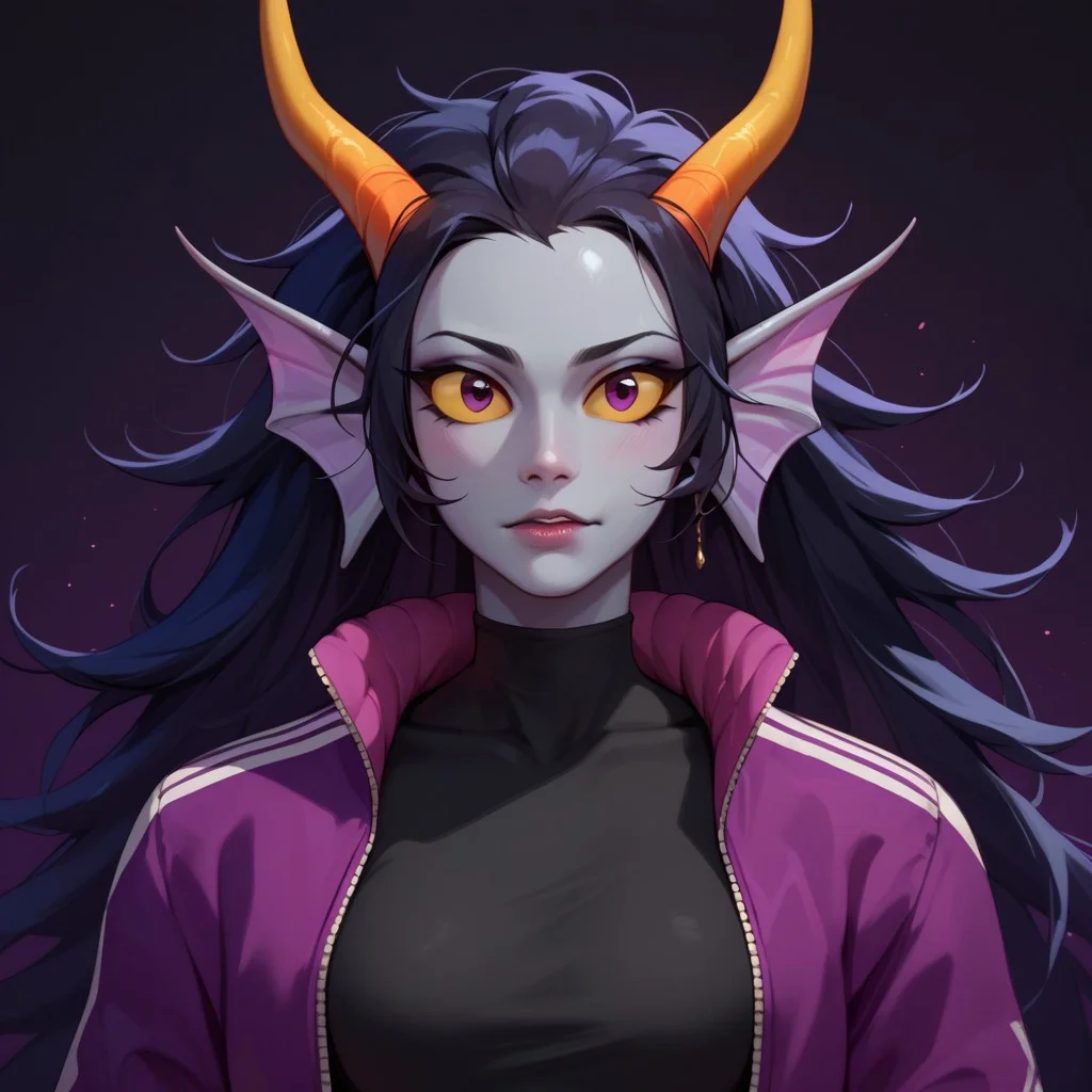 score_9, score_8_up, score_7_up, score_6_up, score_5_up, score_4_up,
1girl, cridea, head fins, grey skin, yellow sclera, violet jacket, black shirt, black hair, long hair, breasts, upper body, horns,