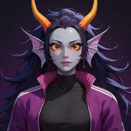 score_9, score_8_up, score_7_up, score_6_up, score_5_up, score_4_up, 
1girl, cridea, head fins, grey skin, yellow sclera, violet jacket, black shirt, black hair, long hair, breasts, upper body, horns,