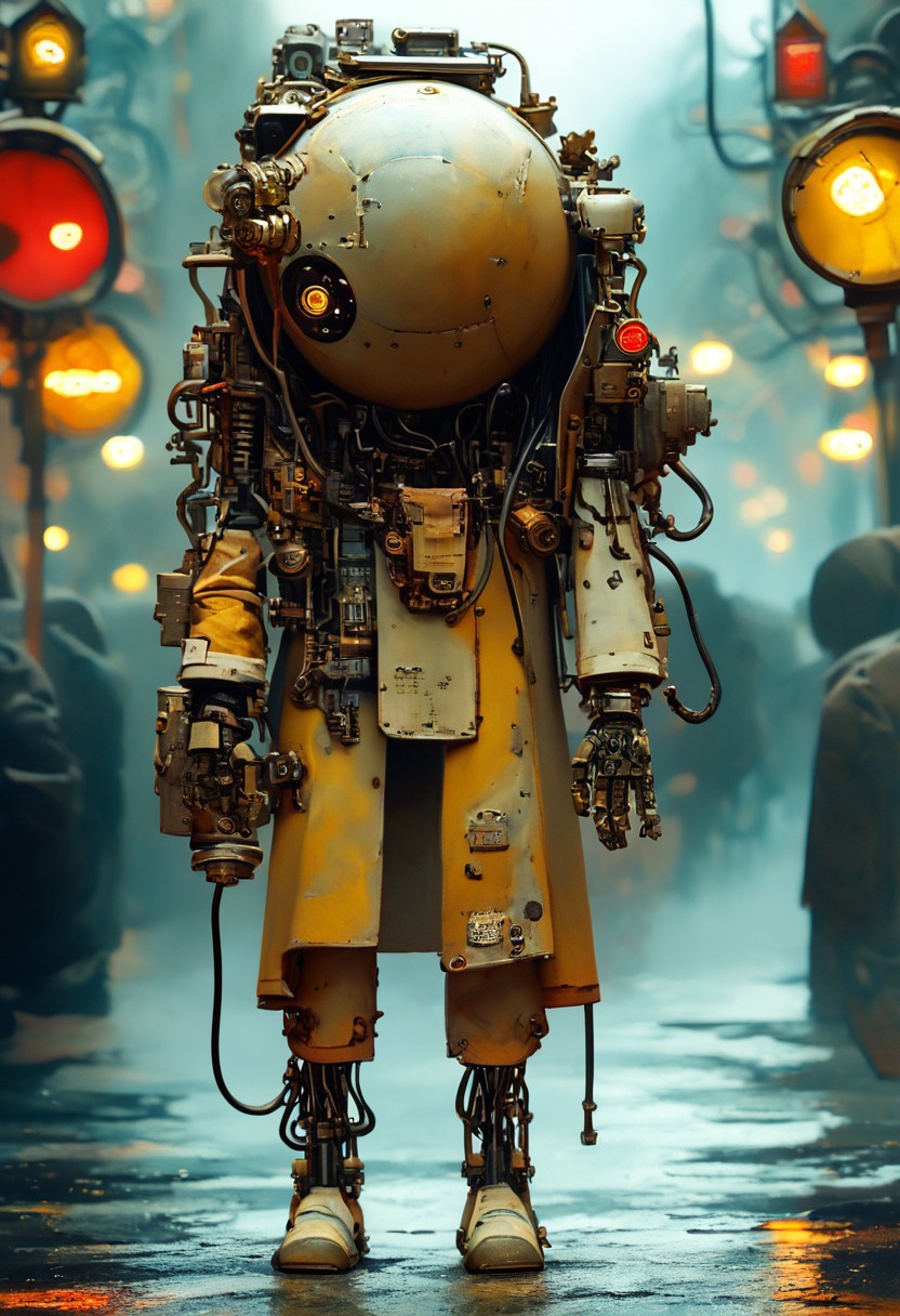 score_9, score_8_up, score_7_up, score_6_up,Dense fog permeates the air, rain, wet streets, puddles, dreary grim shades, dark colors, faded greens and faded blues, retrograde steampunk wired-cyborg reconstructed from spare parts, intricate mechanical parts and wires, robotic arms, spider-tank legs, 6 legs, mismatched legs, thick cable plugged into back of head | high-contrast palette, highly detailed, cinematic quality, modern art, timeless feeling