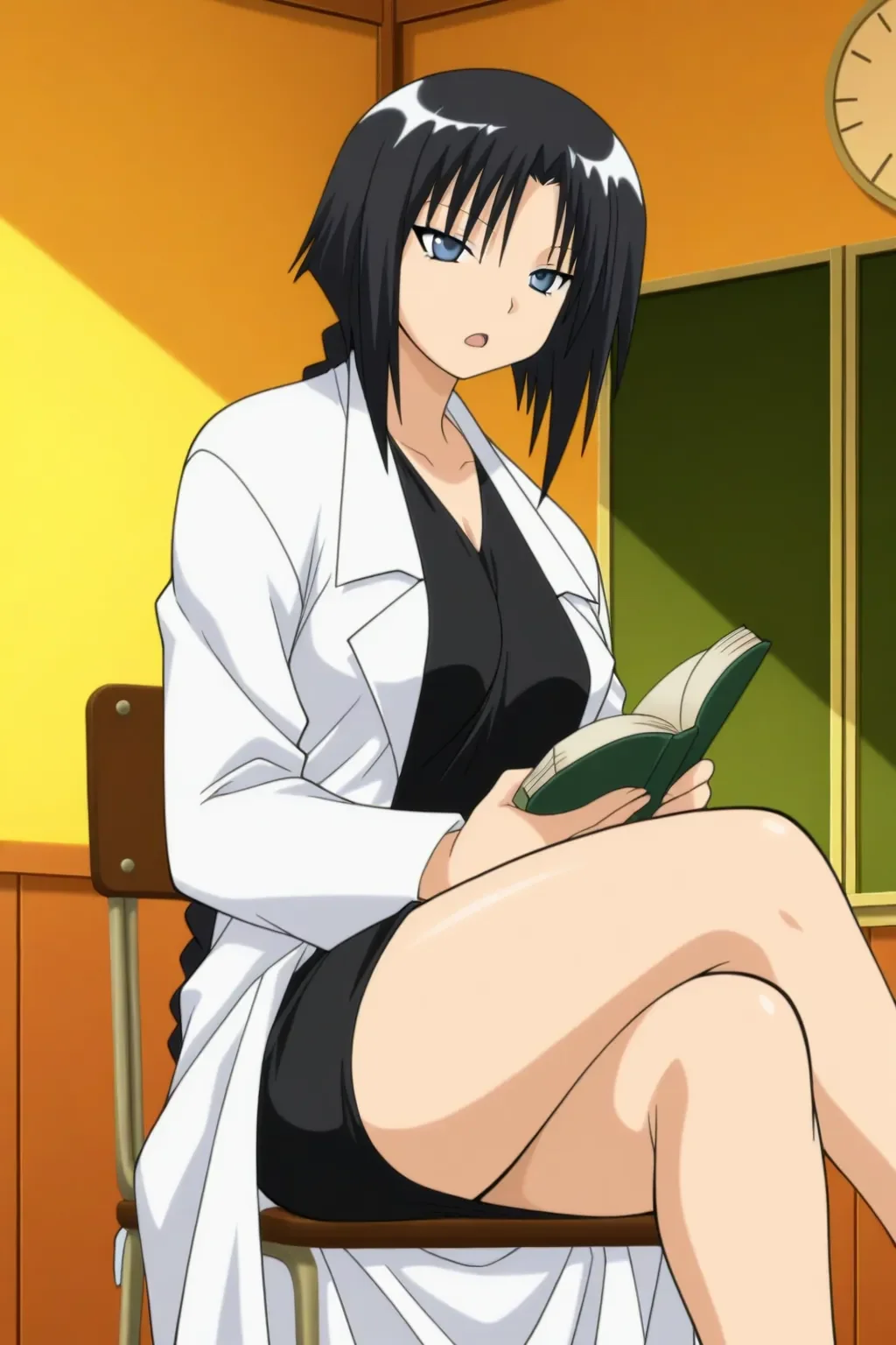 masterpiece, best quality, pugyuru_hokeni_ilxl, 1girl, solo,  <lora:pugyuru_hokeni_ilxl:0.9>, black hair, labcoat, skirt, long hair, braid, pencil skirt, single braid, miniskirt, anime coloring, anime screencap, classroom, indoor, holding book, open book, opened mouth, sitting chair, cross legs