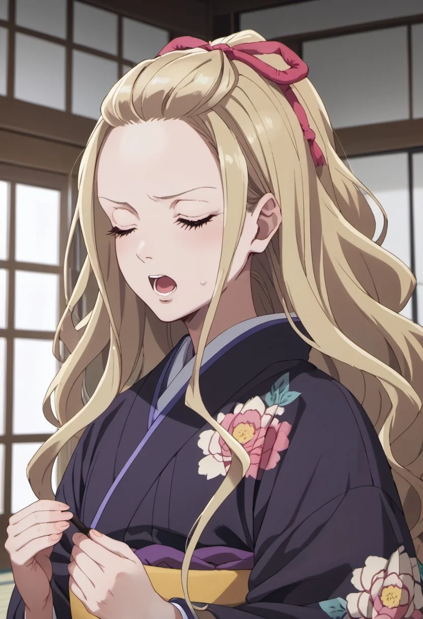 score_9, score_8_up, score_7_up, source_anime, saimori kaya, long hair, blonde hair, 1girl, japanese clothes, solo, closed eyes, kimono, open mouth, ribbon, hair ribbon, indoors