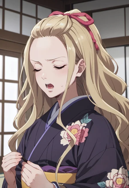 score_9, score_8_up, score_7_up, source_anime, saimori kaya, long hair, blonde hair, 1girl, japanese clothes, solo, closed eyes, kimono, open mouth, ribbon, hair ribbon, indoors