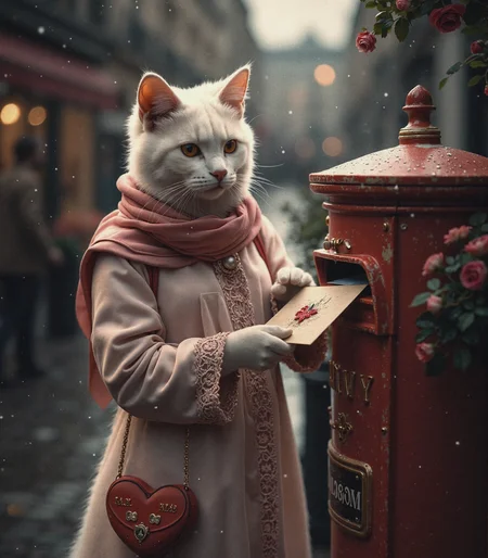 Beneath the gentle drizzle of a Parisian evening, the city glows with the soft shimmer of rain-kissed cobblestones and the golden embrace of vintage streetlights. The scent of fresh rain mingles with the delicate fragrance of blooming roses from a nearby florist, while the air hums with the lingering warmth of love whispered between entwined souls. 

At the heart of this enchanting tableau, a graceful white cat stands poised in an elegant, rose-pink raincoat with intricate lace trimmings, her look completed by a delicate pearl brooch in the shape of a heart. A soft silk scarf, kissed by the color of a dusky sunset, drapes gracefully around her neck, shifting ever so slightly with the cool evening breeze. The golden glow of nearby candlelit cafés reflects in her luminous, love-struck eyes, her heart heavy with longing and anticipation.

Clutched gently in her paw is a love letter, its envelope sealed with a deep crimson lipstick kiss—a signature of her deepest affections. With a tender sigh, she places it into an old-fashioned, rain-speckled red mailbox, the metal cool beneath her touch. The moment lingers—her paw resting against the envelope, as if transferring every unspoken emotion into the delicate parchment before it embarks on its fateful journey. 

In the distance, a warm-hearted mailman, wrapped in a classic wool coat, strolls toward the mailbox, his silhouette framed against the twinkling lights of the Eiffel Tower. The city’s heartbeat slows for just a second, as if acknowledging the depth of her romantic devotion. Nearby, a florist arranges fresh bouquets of red and blush roses, their petals carrying the whispers of countless love stories. A violinist beneath a café awning plays a soft, tender melody, his music weaving through the streets like an invisible ribbon connecting lovers across the city.

As she steps back, her fluffy tail curls into a delicate heart shape, mirroring the warmth that glows within her soul. A single rose petal, caught in the gentle breeze, drifts onto the damp mailbox, a symbol of her love floating toward destiny. The rain, now no longer sorrowful but celebratory, dances around her like tiny sparkling jewels, painting the night in a story of passion, longing, and the timeless magic of a Valentine’s dream.

