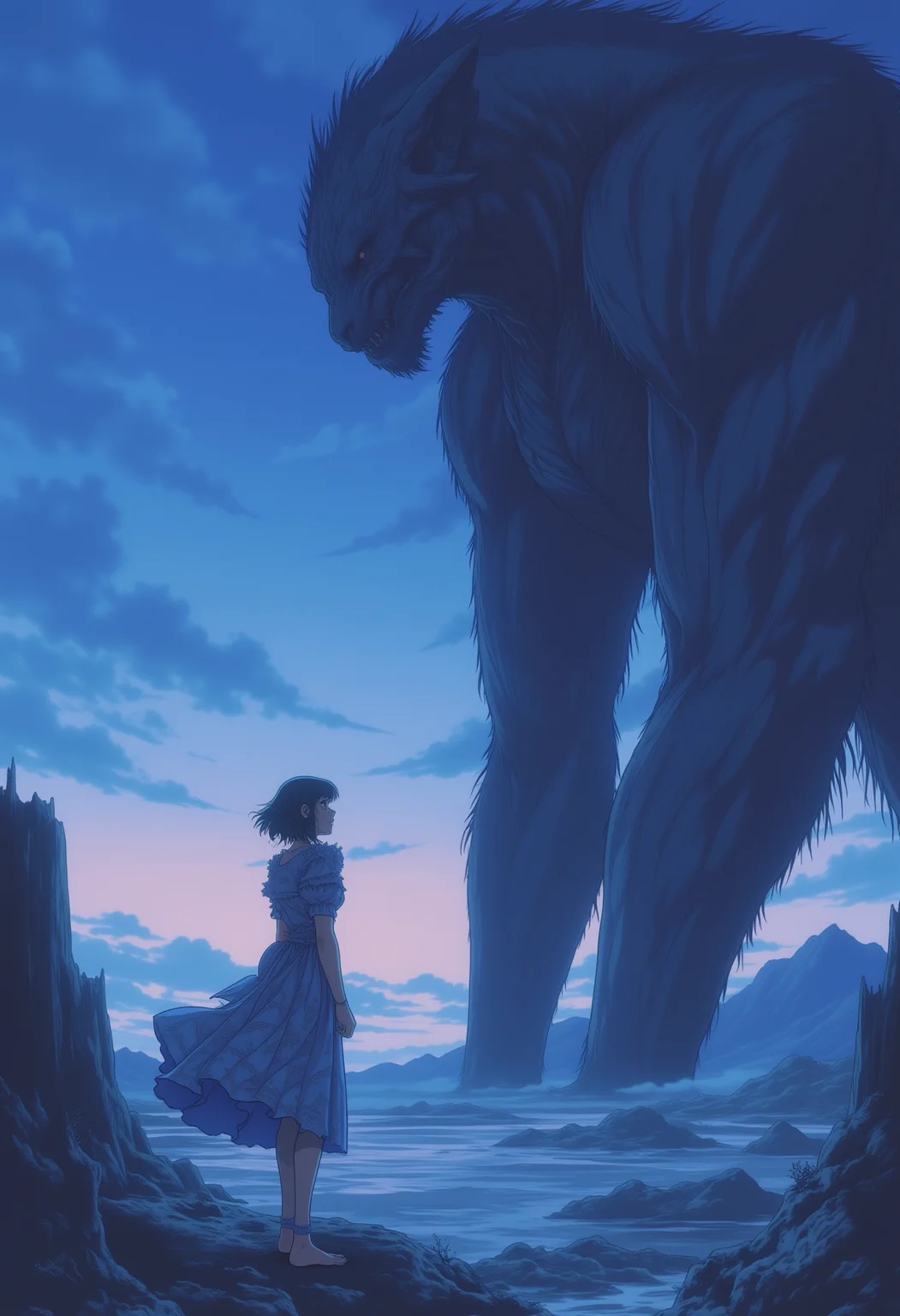 <lora:NeonFantasyPrimeFLUX-000049:0.8> ne0nfant4sy,
an image of a serene, twilight scene features a young woman and a large, imposing creature. the woman, with short, light brown hair, stands on the left side of the image. she is wearing a flowing, light blue dress with intricate patterns, and her posture is calm and contemplative. her figure is slender, and she appears to be of asian descent.