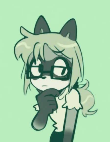 colored outlines, pastel background, sea-green background, 

1girl, solo, furry, anthro raccoon girl, almond-shaped eyes, hazel eyes, (square glasses:1.15), straight blonde hair, long ponytail, blouse, low ponytail, nerd, thinking, one hand on chin, 