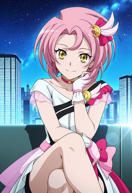 masterpiece,best quality,amazing quality,
solo,
Luna Yumizuki (Cardfight Vanguard), short hair, pink hair, yellow eyes,
idol, idol outfit, magical girl, semi transparent dress, collarbone, hair ornament, choker, fingerless gloves, bow,
looking at viewer, smile, cheeks leaning on arm,
cinematic, crossing legs,
Outdoors, night, On top skyscraper, sci-fi city, (galaxy sky:1.2),
Lens flare, bloom, detailed shadow,
Official style, anime screencap, anime coloring,