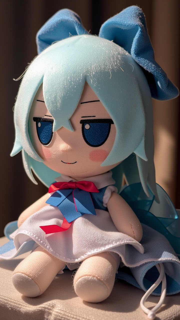 cirnofumo, stuffed plush, portrait, dramatic lighting, blue ribbon, teal hair, blue ribbon on hair, red ribbon on chest, 