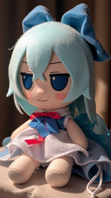 cirnofumo, stuffed plush, portrait, dramatic lighting, blue ribbon, teal hair, blue ribbon on hair, red ribbon on chest,