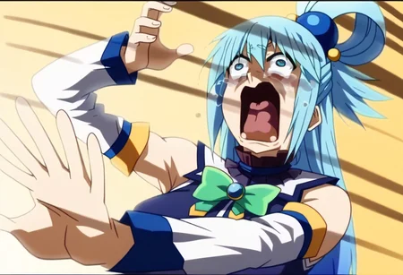 aquascreaming,
screaming,
open mouth,
crying with eyes open,
kaibanodef,
upper body,
parody,
1girl,
solo,
(zPDXL3),
(zPDXLxxx),
aqua \(konosuba\),
long hair,
blue eyes,
hair ornament,
very long hair,
blue hair,
hair rings,
single hair ring,
hair bobbles,
skirt, shirt, thighhighs, bare shoulders, detached sleeves, white thighhighs, blue skirt, blue shirt, green bow,