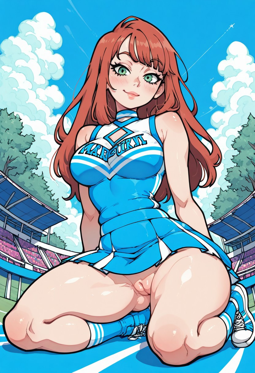 masterpiece, best quality, amazing quality, 4k, high resolution, absurdres, newest,pretty girl, fair skin, green eyes ((curvy body)), (medium breasts), dynamic angle, Dynamic pose, nsfw , portrait, full body, from below, sexy pose, 1girl, solo, portrait, female focus, slim, long hair, auburn hair, bangs, melancholy expression, sitting, upskirt, no panties, smooth pussy, looking at viewer, beautiful, blue and white cheerleader uniform, outdoors, mmarker