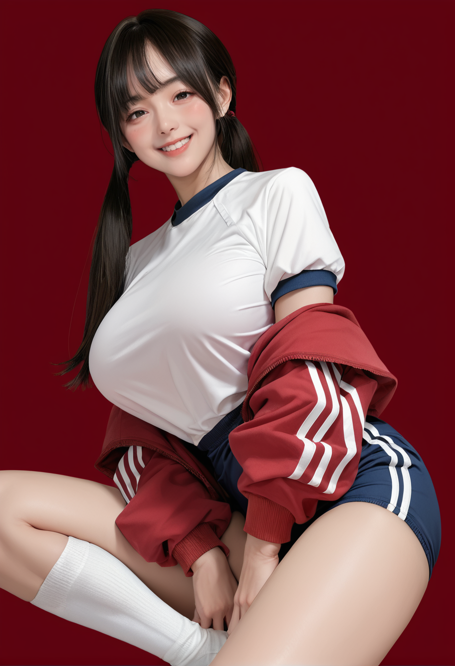 1girl,red background,,ruanyi0938,blue shorts,gym uniform,red jacket,open jacket,white socks,<lora:0938 physical education class_v1_pony:1>, score_9, score_8_up, score_7_up, score_6_up, score_9, score_8_up, score_7_up, score_6_up source_anime, blush, 1girl, seduce smile, perfect body , natural huge breasts