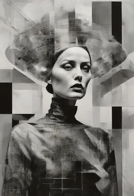 Monochrome black and white, Dali, Magritte, Delvaux, Bellmer, Malevitch, Rodchenko, Mondrian, Kandinsky, Popovna, psychedelic hallucination, pop surrealism, rough crosshatch drawing pop art Lunatic_Portrait of a young girl in latex, slick back, low bun, black makeup, sinister expression, intense glare, avant-garde, abstract, weird, geometric, constructivism, suprematism, rayonism, verticism, lineism, tj