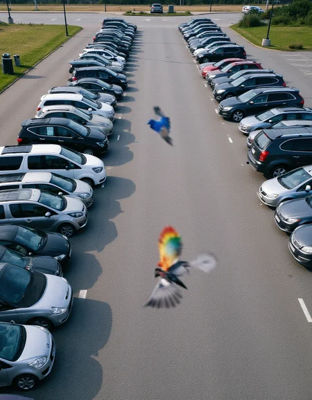 An aerial photo of an empty parking lot, with rows of parked cars stretching out into the distance. A rainbow-colored pigeon is flying by., <lora:amateurphoto-v5-14-15-1-1:0.4> <lora:Another_Amateur_Lora:0.4> <lora:Phlux:0.4> <lora:UltraRealistic_Lora_Project:0.4>