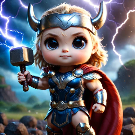 pam-swtvrld thor from marvel, holding mjolnir,lightnings background,dark atmopshere,full depth of field and realistic textures,highly detailed,masterpiece,high quality,ral-lava