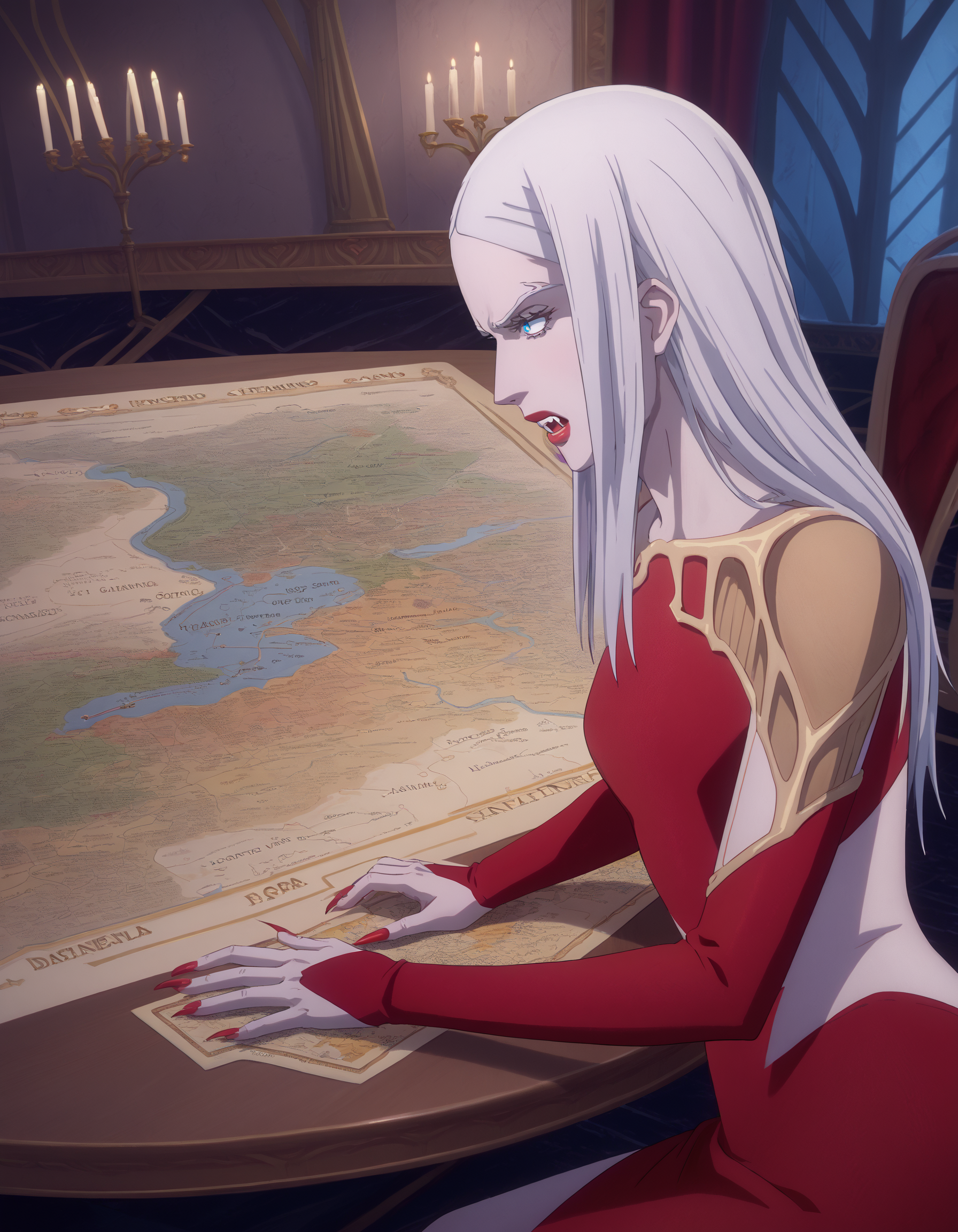 core_9, score_8_up, score_7_up, score_6_up, dramatic lighting, ultra-detailed, intricate details, 8k, subsurface scattering, woman sitting at a table looking at a map, castle,1girl, cv-carmilla, 2-fancy, epaulettes, red dress, detached sleeves, neck, white hair, nighttime, fangs, solo, blue eyes, pale skin, sharp fingernails, medium breasts, red fingernails, side angle view, angry, view from the side,  <lora:Carmilla_V3-000010:1>