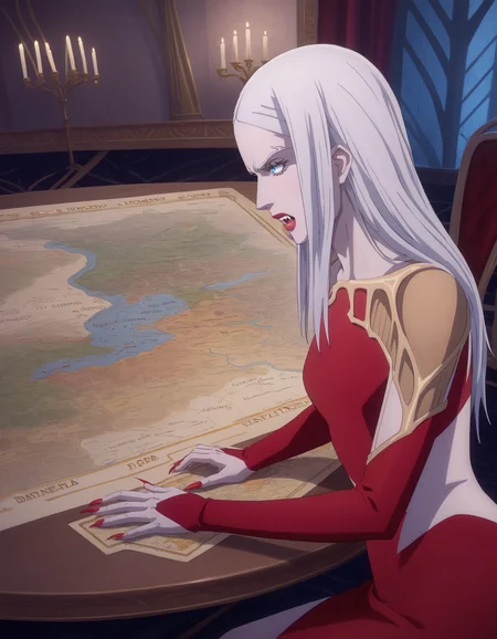 core_9, score_8_up, score_7_up, score_6_up, dramatic lighting, ultra-detailed, intricate details, 8k, subsurface scattering, woman sitting at a table looking at a map, castle,1girl, cv-carmilla, 2-fancy, epaulettes, red dress, detached sleeves, neck, white hair, nighttime, fangs, solo, blue eyes, pale skin, sharp fingernails, medium breasts, red fingernails, side angle view, angry, view from the side, <lora:Carmilla_V3-000010:1>