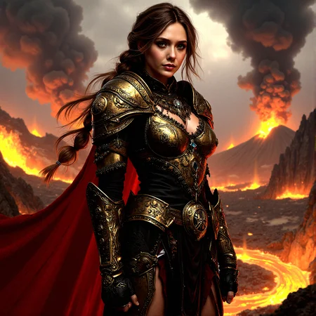 Extremely realistic  Young female paladin, elaborate armor, gothic style, gold and black, red cape, skull motifs, strong posture, cinematic lighting,Fiery volcanic landscape, flowing lava rivers, erupting volcanoes, dark smoke-filled sky,
standing, leaning forward, both hands clenched, intense focus


