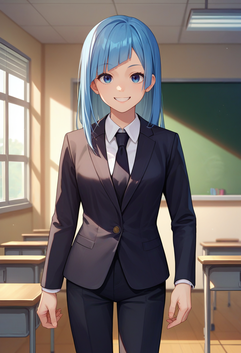 score_9, score_8_up, score_7_up, source_anime, solo, 1girl, miwa kasumi, smile, looking at viewer, standing, formal, suit, black jacket, black necktie, long sleeves, black pants, indoors, classroom <lora:jjk_miwa_ponyXL:1>
