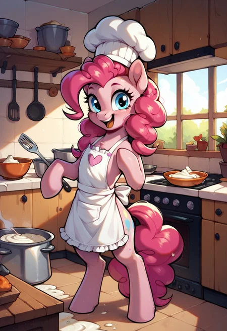 embedding:urn:air:sd1:embedding:civitai:222256@250708, score_9, score_8_up, score_7_up, score_6_up,
1pony, pinkie pie \(mlp\), (pony:1. 1), , tail, long hair,
kitchen, happy, =apron, cooking, chef hat, mixing a bowl, covered in flour, posing, covered in frosting, horse