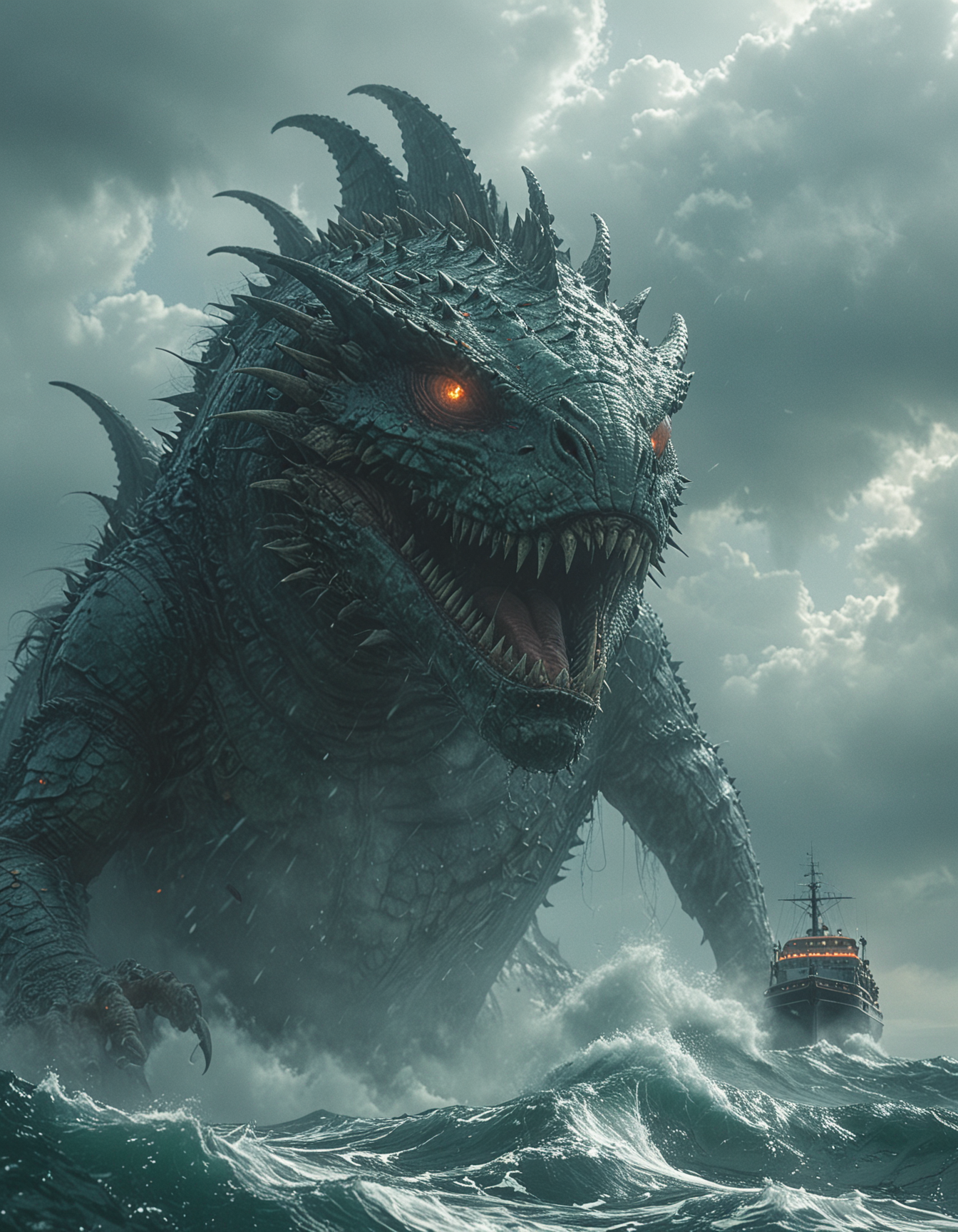 closeup of a ship, a colossal sea monster emerging from the ocean, the creature covered in scales and have glowing eyes, it towers over a ship and dwarfing it in size, attacking, the sky is overcast with beams of light breaking through the clouds, highlighting parts of the monsterâs body, dramatic contrast, moody, epic, <lora:XL_Boss_Battle_-_By_HailoKnightV2:0.8>, <lora:MJ52:0.3>, <lora:add-detail-xl:1>, <lora:- SDXL - vanta-black_contrast_V3.0:0.7>