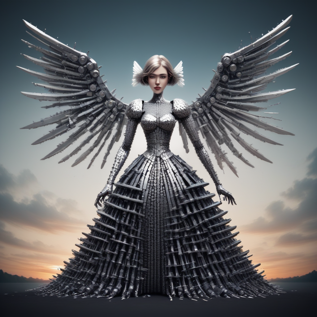 embedding:lazyup, 1girl, clockwork angel, wings constructed from interlocking cotter pins, dress woven from copper wire, standing atop a giant gear-shaped cloud, sunset sky with screw-shaped constellations, fastenerswm <lora:FastenersWMv0.4:1.0000000000000002> <lora:TrendCraft_The_Peoples_Style_Detailer-v2.0A-3_13_2025-PonyXL:0.4000000000000001>
