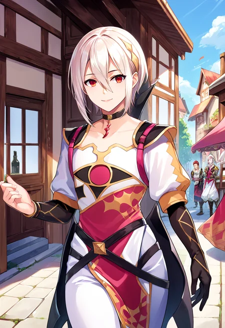 score_9, score_8_up, score_7_up, source_anime, outdoors, village, medieval,
<lora:Rafal_SDXL:1>,RafalFE_SDXL, red eyes, white hair, short hair,hair between eyes,choker,jewelry,white pants,pelvic curtain, cowboy shot,smile,