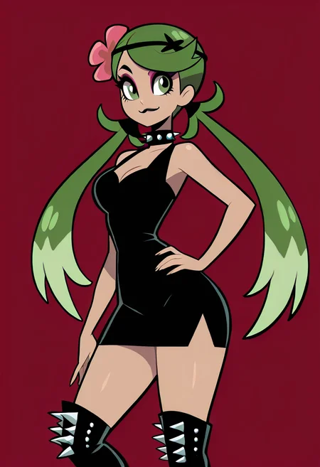 (masterpiece, best quality, good quality, very aesthetic, absurdres, newest:1.2), medium breasts, (curvy), BREAK, zzMallow, green hair, green eyes, hair flower, hair ornament, <lora:MallowPokemon_NAI:1.0>, , two-tone hair, purple hair, makeup, eyeshadow, black lips, dress, black boots, knee boots, spikes, spiked collar, gothic,smile, looking at viewer, cowboy shot, <lora:VampieNAI:0.8>, hand on hip, hip to the side, contrapposto, dynamic angle, side view, smile, :3,
