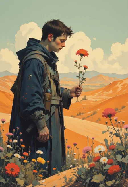 drkfnts style, DB4RZ, DB4RZ style painting, ck-70scf, OBxiaoxiang, R3alisticF, Steve McDonald Art, a highly detailed digital painting of a lone figure in a desolate expansive desert landscape stands in a quiet, sunlit clearing, holding a single flower in their hand. The bloom is delicate, its vibrant petals trembling in the soft breeze. there is nothing to be seen for miles except dunes of sand. The figure’s face is soft in expression, caught in a moment of stillness, as if they are watching something fragile grow in the silence of the world around them.
The composition is dominated by gold, navy blue, orange, and red tones.