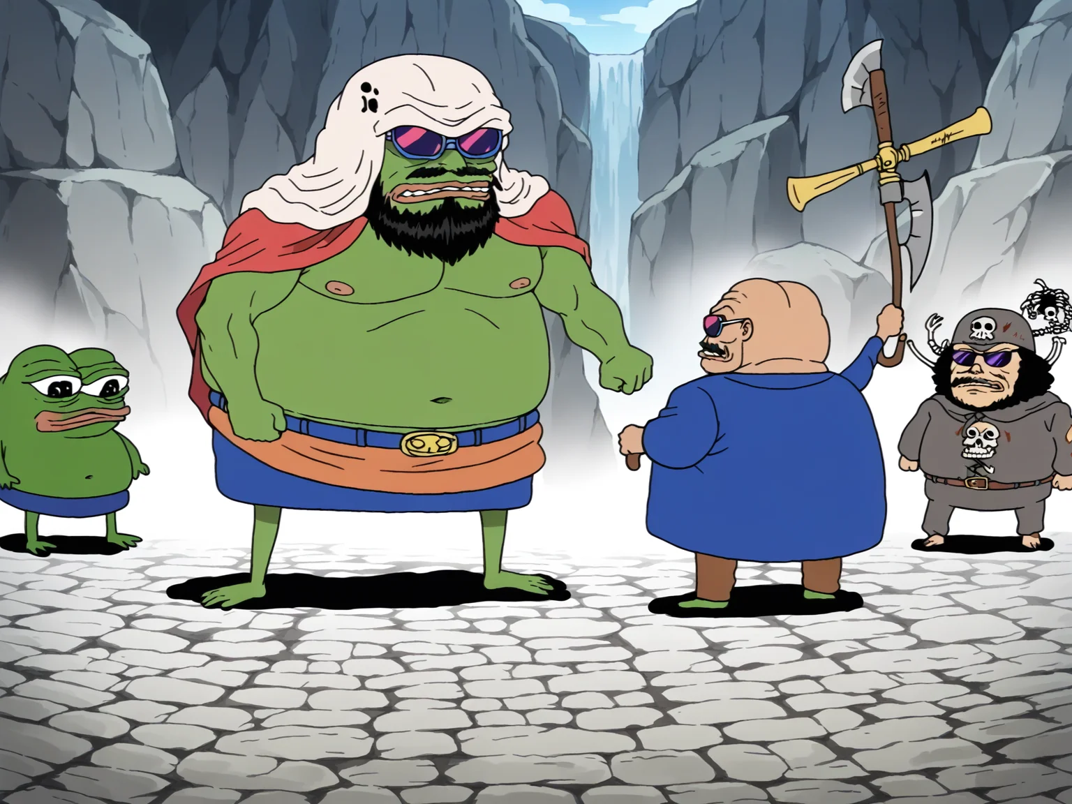 score_9, score_8_up, score_7_up, score_6_up, score_5_up, source_anime, smooth_anime,
Pepe, 1girl, (green_skin, colored_skin, frog),
multiple_boys, muscular, facial_hair, cape, fat, weapon, blood, axe, chest_hair, beard, skirt, skull, cosplay, parody, 6+boys, barefoot, fat_man, hat, sunglasses, skeleton, bald, mustache, leg_hair, teeth
<lora:One_Piece_Wano:.5><lora:YGO_S0:.5> <lora:Pepe_MKII:1>