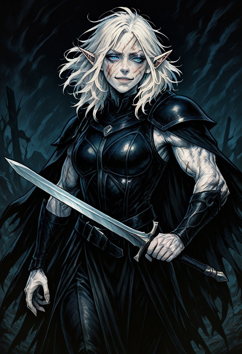 masterpiece, best quality, newest, absurdres, highres, 
FCOMV1.0,
1girl, pale, white skin, colored skin, pale skin, elf, pointy ears, muscular woman, cape, scar, scars on face, white hair, medium hair, messy hair, smug, blue eyes, detailed eyes, armor, black armor, black leather, leather amor, cape, holding sword, sword, weapon, holding weapon
