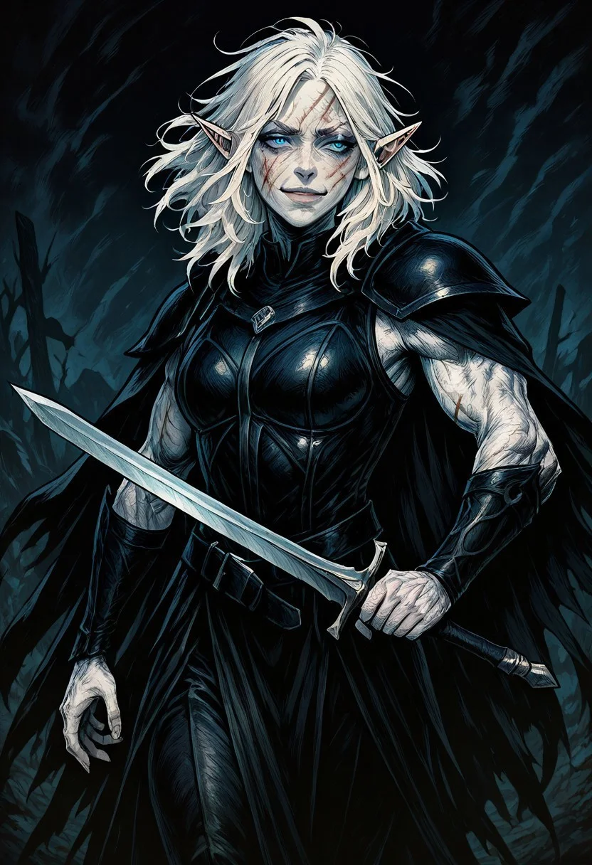 masterpiece, best quality, newest, absurdres, highres,
FCOMV1.0,
1girl, pale, white skin, colored skin, pale skin, elf, pointy ears, muscular woman, cape, scar, scars on face, white hair, medium hair, messy hair, smug, blue eyes, detailed eyes, armor, black armor, black leather, leather amor, cape, holding sword, sword, weapon, holding weapon