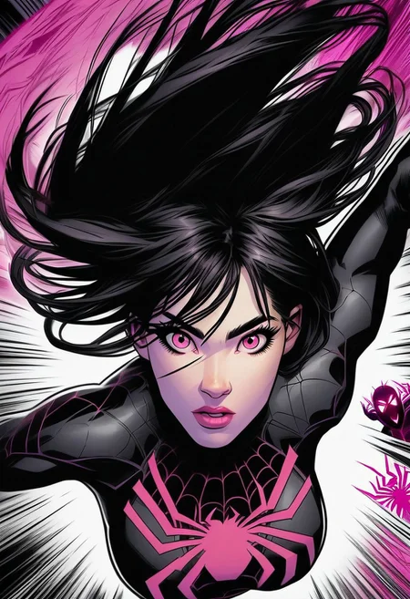 /Spider_Ayane/, pink lipstick, long black hair, pink hair highlights, medium breasts, portrait, black bodysuit with pink spider print, looking at viewer, puty lips, pink eyes, dynamic pose, leaping into the air, web swinging