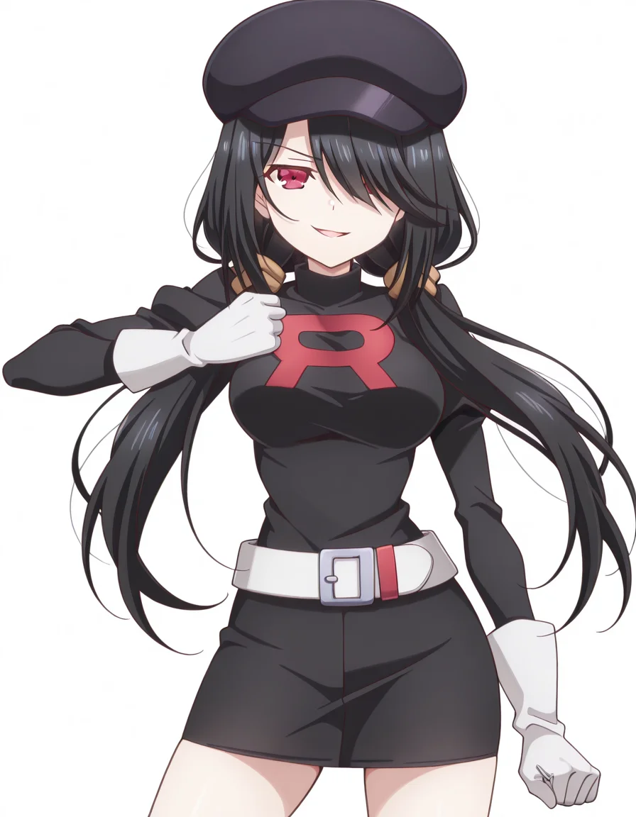 masterpiece, best quality, amazing quality,, <lora:kurumi-tokisaki-s2-illustriousxl-lora-nochekaiser:1>, kurumi tokisaki, black hair, red eyes, long hair, hair over one eye, twintails, low twintails, mature female, medium breasts, anime screencap, <lora:team-rocket-uniform-illustriousxl-lora-nochekaiser:1>, team rocket uniform, black hat, black shirt, black skirt, white belt, white gloves, single letter,, <lora:giorno-giovannas-pose-illustriousxl-lora-nochekaiser:1>, giorno giovannas pose, giorno giovanna's pose (jojo), jojo pose, hand up, clenched hand, hand on waist, smile, looking at viewer, cowboy shot,, lip_biting, open mouth, <lora:transparent-background-illustriousxl-lora-nochekaiser:1>, transparent background, simple background, white background, ,