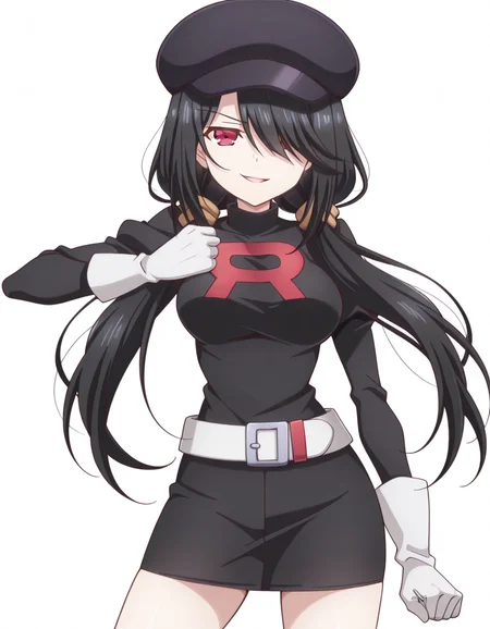 masterpiece, best quality, amazing quality,, <lora:kurumi-tokisaki-s2-illustriousxl-lora-nochekaiser:1>, kurumi tokisaki, black hair, red eyes, long hair, hair over one eye, twintails, low twintails, mature female, medium breasts, anime screencap, <lora:team-rocket-uniform-illustriousxl-lora-nochekaiser:1>, team rocket uniform, black hat, black shirt, black skirt, white belt, white gloves, single letter,, <lora:giorno-giovannas-pose-illustriousxl-lora-nochekaiser:1>, giorno giovannas pose, giorno giovanna's pose (jojo), jojo pose, hand up, clenched hand, hand on waist, smile, looking at viewer, cowboy shot,, lip_biting, open mouth, <lora:transparent-background-illustriousxl-lora-nochekaiser:1>, transparent background, simple background, white background, ,