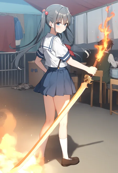 1girl,sincos, ningen mame, toosaka asagi,solo,medium breasts,school uniform,
flaming sword, holding sword, holding weapon,<lora:flamingsword_XL_v1:0.7>
fire, flaming weapon, glowing weapon, glowing sword, flame,
from behind, full body, looking down, gray hair, gray eyes,giggling, flea market, closed mouth, two side up hair,,
best quality, very aesthetic, absurdres