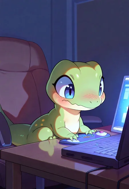 (masterpiece, best quality, high quality, highres), very awa, highres, absurdres,
cute, animal focus,
(lizard:1.1),
(no humans:1.1), (cute:1.2), comfy, solo, cozy,
indoors, sitting at table, PC, sitting on a chair, playing video game, looking at PC, embarrassed, scared, oo, evening,