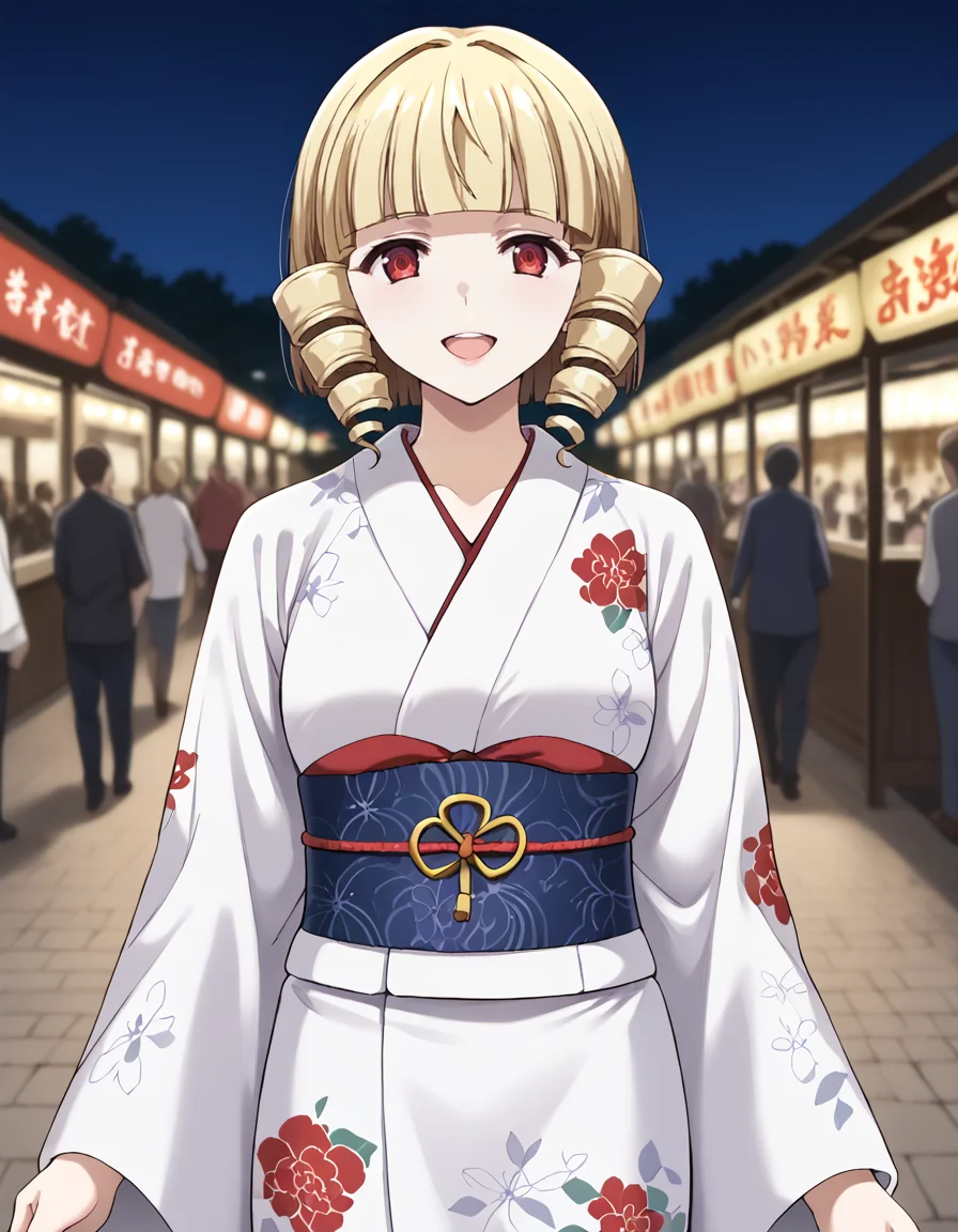 score_9, score_8_up, score_7_up, source_anime, BREAK
1girl, looking at viewer, blurry background, night, outdoors, night market, crowd, stalls, reaching towards viewer, happy, teeth, open mouth, pov, arms at sides,
kana tachibana, blonde hair, drill hair, short hair, blunt bangs, red eyes, mature female,
white kimono, wide sleeves, long sleeves, obi, sash, floral print,
<lora:kana_tachibana_anime-soralz:1>, <lora:colorkimonoPony:1>