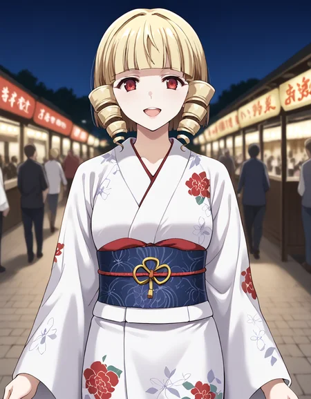 score_9, score_8_up, score_7_up, source_anime, BREAK
1girl, looking at viewer, blurry background, night, outdoors, night market, crowd, stalls, reaching towards viewer, happy, teeth, open mouth, pov, arms at sides,
kana tachibana, blonde hair, drill hair, short hair, blunt bangs, red eyes, mature female,
white kimono, wide sleeves, long sleeves, obi, sash, floral print,
<lora:kana_tachibana_anime-soralz:1>, <lora:colorkimonoPony:1>