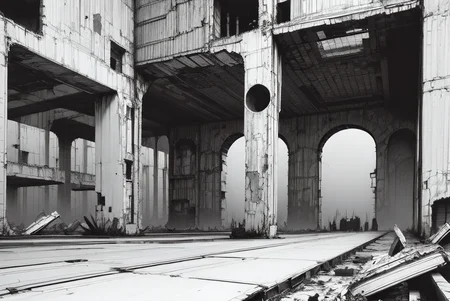 ((masterpiece)), ((best quality))1girl, Empty, ruins, huge scenes, sky, metal, machines, machinery ,Black and white, comic style, shabby landscape, heavy black and white, <lora:Blame!:1>