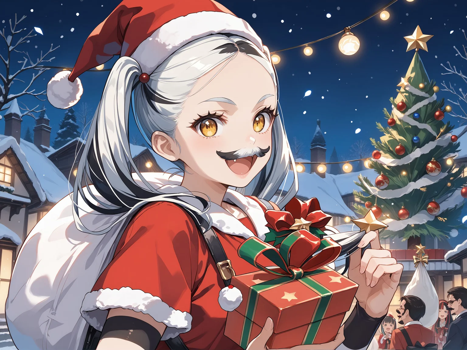 score_max, (score_9, score_8_up, score_7_up:1.2), score_6_up, official art, source_anime,
, masterpiece, absurdres, high detail, 8k,
night, snowing, sparkle, town lights, gift box, christmas tree, illumination, upper body,
holding sack, big sack, evil smile, open mouth, fang, :d,
nymph, forehead, two-tone hair, twintails, bodypaint, striped, white skin, (fake mustache:1.2), santa hat, sant costume,
<lora:XL_Pony_MGCM-nymph-t1:1.2>