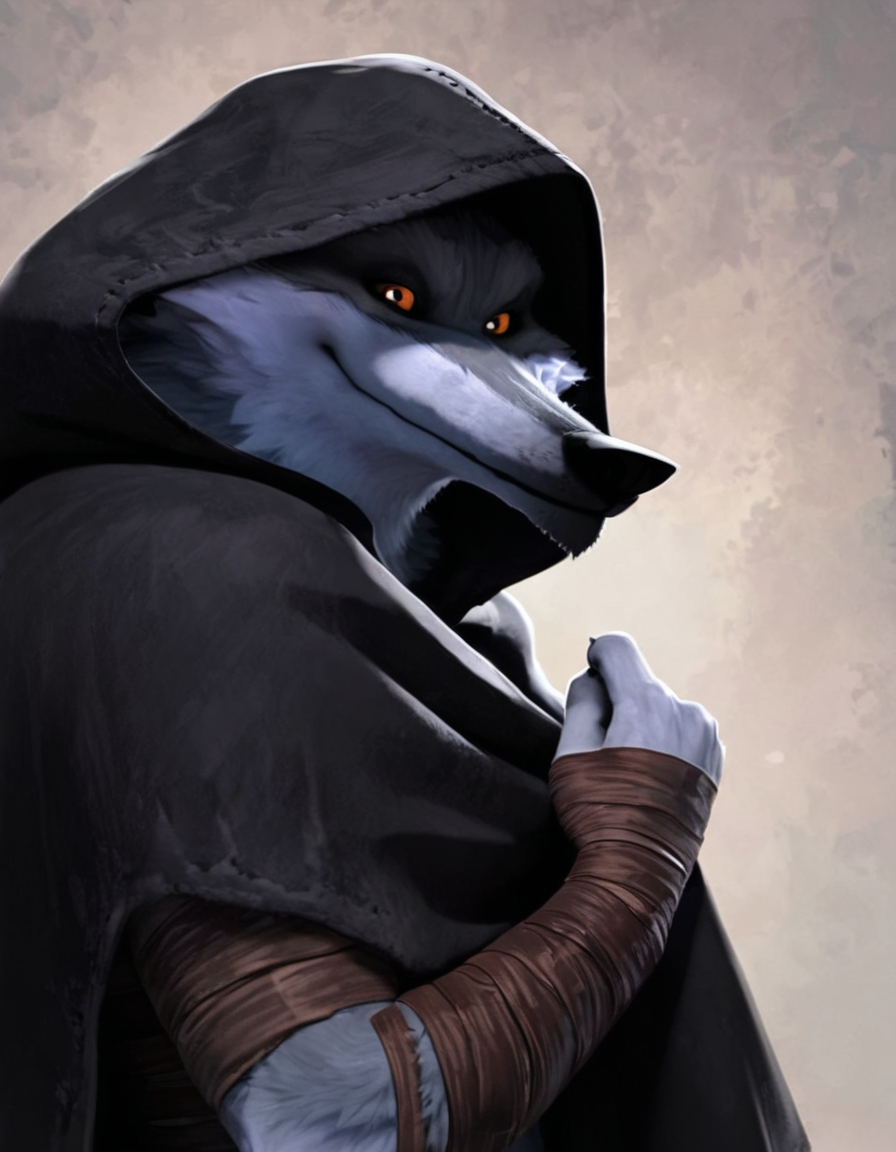 score_9, score_8_up, score_7_up, score_6_up, score_5_up, BREAK
source_furry, (dw:1.3), anthro gray wolf, smirk, upper body, hand bandages, black hood up, cape, looking at viewer, detailed fur <lora:Death_wolf:0.8>