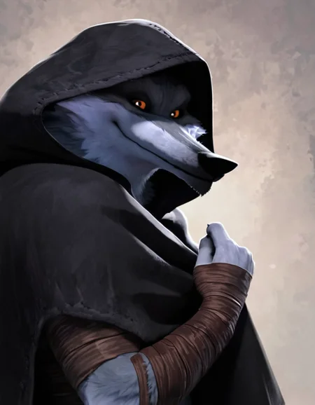 score_9, score_8_up, score_7_up, score_6_up, score_5_up, BREAK
source_furry, (dw:1.3), anthro gray wolf, smirk, upper body, hand bandages, black hood up, cape, looking at viewer, detailed fur <lora:Death_wolf:0.8>